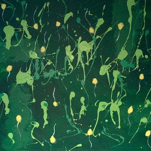 May include: Abstract painting with a green background and yellow splatter paint. The painting has a dynamic and energetic feel.