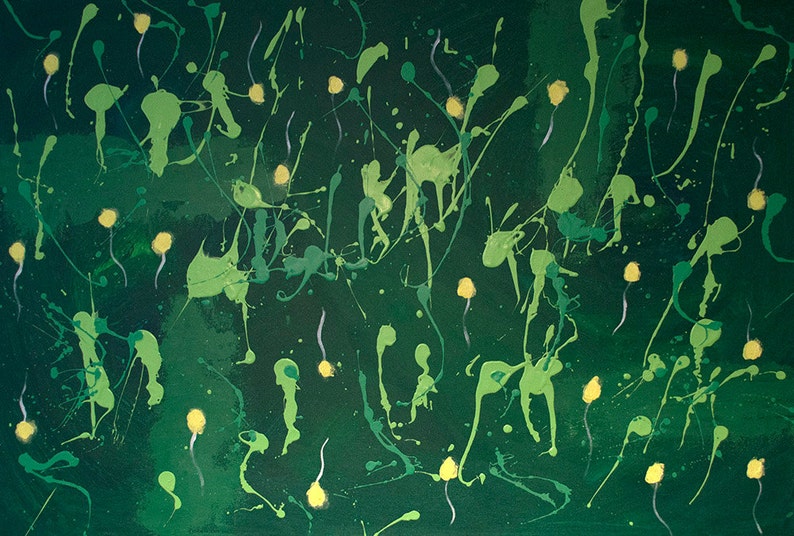May include: Abstract painting with a green background and yellow splatter paint. The painting has a dynamic and energetic feel.