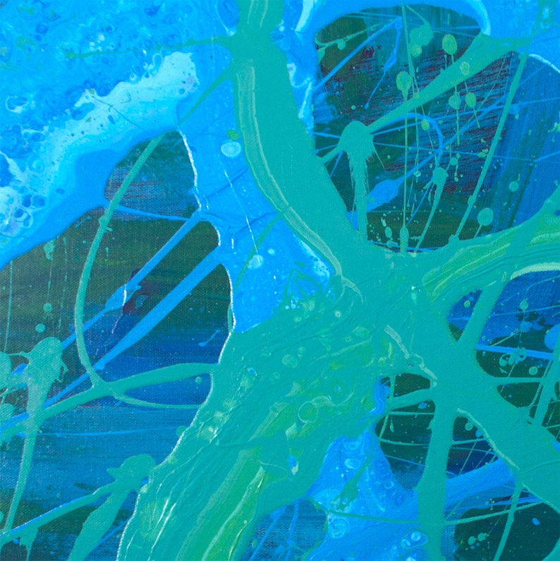 May include: Abstract painting with blue, green, and white paint splatters and streaks on a dark background.