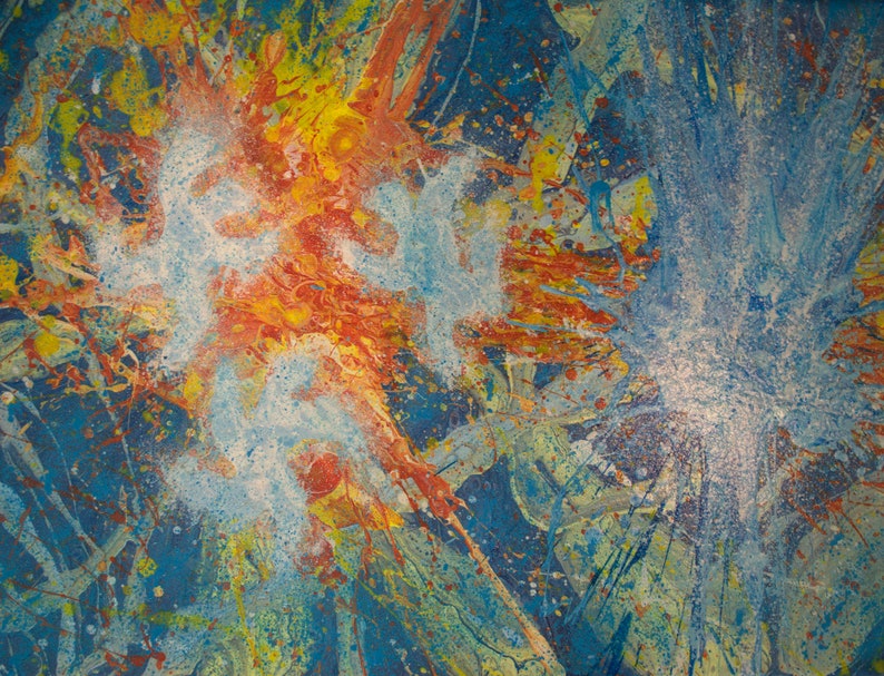 May include: Abstract painting with splashes of blue, yellow, orange, and white paint on a blue background.