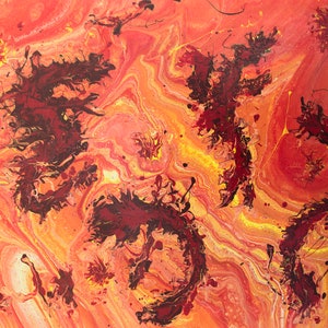 May include: Abstract painting with swirling red, orange, and yellow colors. Black paint splatters are scattered throughout the painting, creating a dynamic and energetic composition.