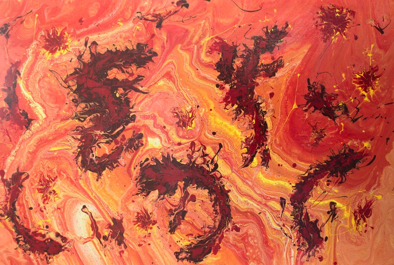 May include: Abstract painting with swirling red, orange, and yellow colors. Black paint splatters are scattered throughout the painting, creating a dynamic and energetic composition.