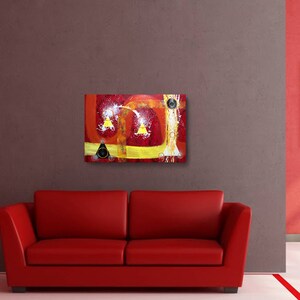 May include: Abstract painting with a red, yellow and white colour scheme. The painting features geometric shapes and a swirling pattern.