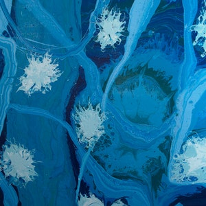 May include: Abstract painting with blue and white paint. The white paint is in the shape of flowers.