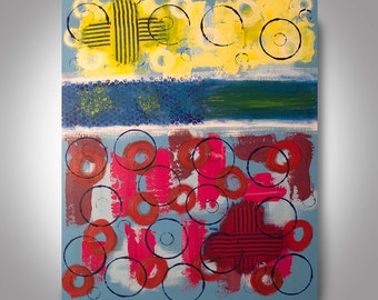 Acrylic Abstract Painting - 30 x 24 Blue Painting , Canvas Painting, Wall Painting, Home Decor, Art by Brian Hill,  Yellow, Blue and Red