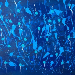 May include: Abstract painting with blue and white paint splatters on a dark blue background.