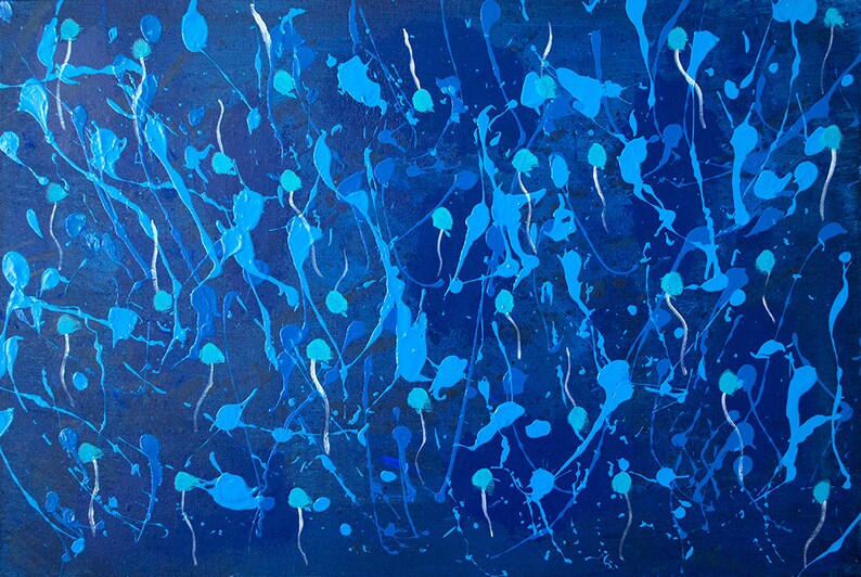 May include: Abstract painting with blue and white paint splatters on a dark blue background.