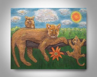 Pasando el rato en el paraíso - Pintura acrílica de 30 x 24, pintura sobre lienzo, pintura de gato, pintura de pantera, arte de Brian Hill