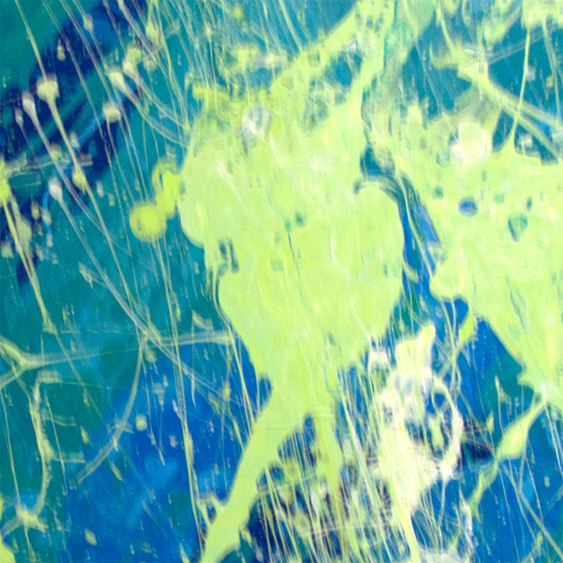 May include: Abstract painting with a vibrant mix of colors. The artwork features a deep blue background with splashes of bright green and white paint. The paint is splattered and dripped, creating a dynamic and energetic composition. The style is reminiscent of action painting.