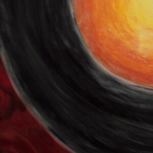 May include: Abstract painting with a black curved shape and a bright orange and yellow circle in the background.