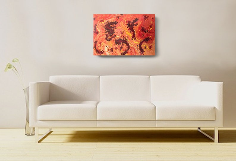 May include: Abstract painting with swirling red, orange, and yellow colors. The painting has a textured surface with black accents.