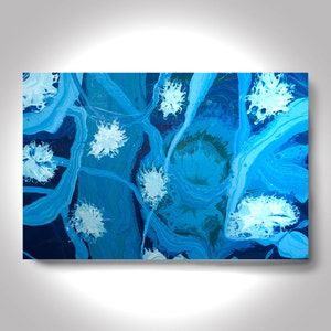 May include: Abstract painting with swirling blue and white paint. The white paint is in the shape of small, irregular circles.