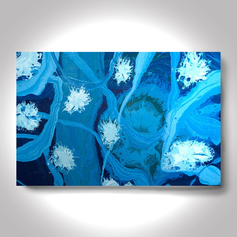 May include: Abstract painting with swirling blue and white paint. The white paint is in the shape of small, irregular circles.