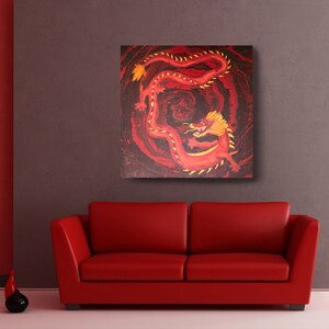 May include: A red and gold dragon painting on a canvas. The dragon is curled up in a circle, with its head facing the viewer. The background is a swirling red and black pattern.