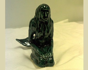 Handmade Ceramic Mermaid Sculpture, Ceramic Mermaid Figurine,  Ceramic Mermaid Statue, Home Decor - 7 inches tall Emerald Mermaid