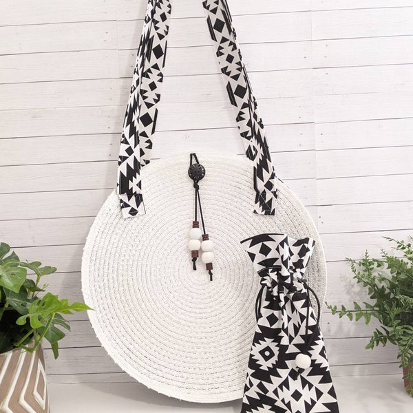 Round Straw Bag and Cosmetic Sunglasses Pouch Set Black & White