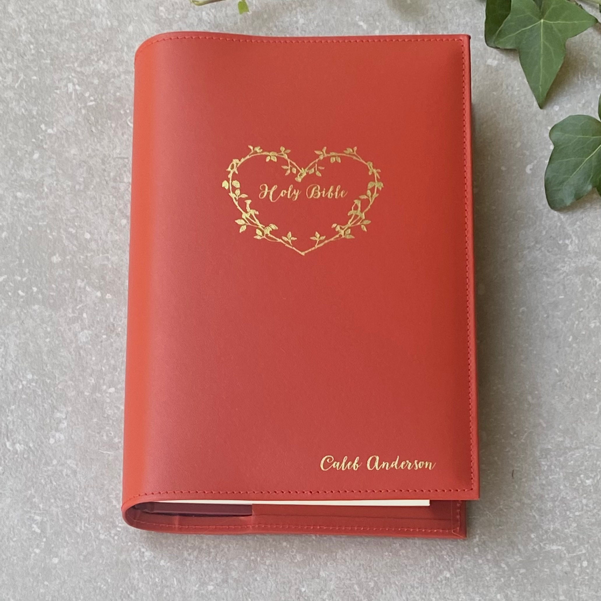 Heart Motif Recycled Leather Bible Cover Handmade and Personalised