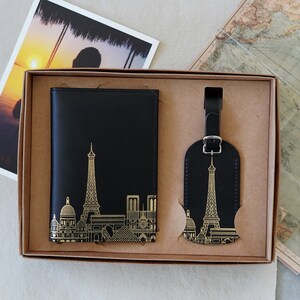 Capa de passaporte de couro Paris Skyline e etiqueta de bagagem