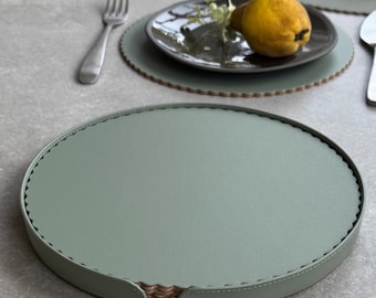 Set of 6 Table Place Mats Scallop Edge 23cm  - Recycled Leather - Cork Backed