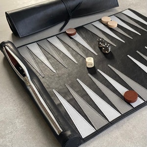 Personalised Backgammon Luxury Leather Travel Backgammon Roll Black Greys  6 Colour Ways