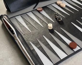 Personalised Backgammon Luxury Leather Travel Backgammon Roll Black Greys  6 Colour Ways