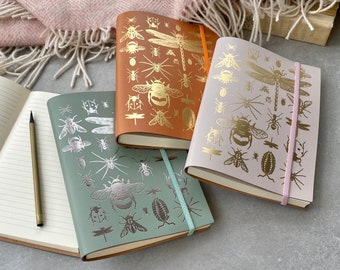 A5 Recycled Leather Journal Notebook with Bugs and Bees Motifs