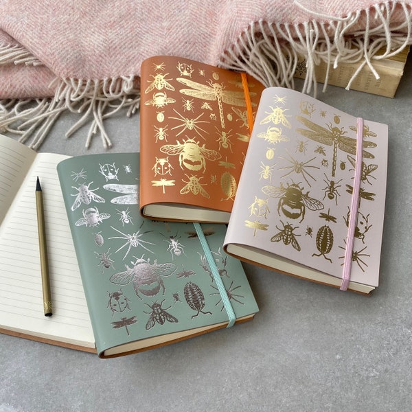 A5 Recycled Leather Journal Notebook with Bugs and Bees Motifs