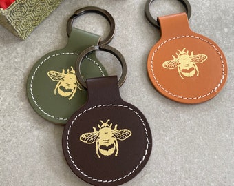 Gold Bee Elegance: Round Recycled Leather Keychain/ Keyring