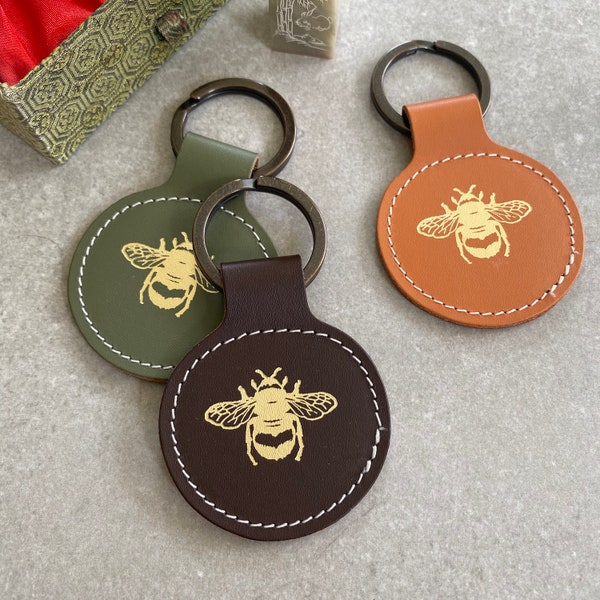 Gold Bee Elegance: Round Recycled Leather Keychain/ Keyring