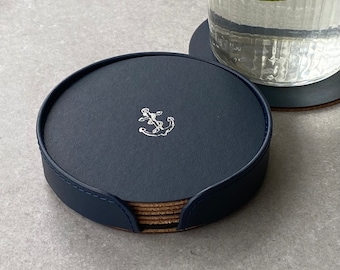 Nautical Inspired Set of 6 Recycled Leather Corked Coasters and Holder with Anchor Motif
