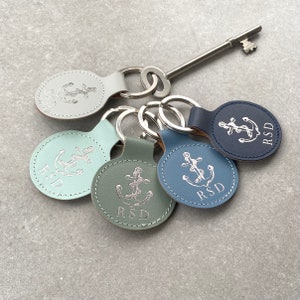 Personalised Recycled Leather Nautical with Anchor Motif Keyring /Key Chain