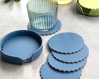 Scallop Elegance: Set of 6 Eco-Friendly Leather Cork Backed Coasters with Holder