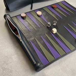 Personalised Backgammon Luxury Leather Travel Backgammon Roll Khaki And Violet - 6 Colour Ways