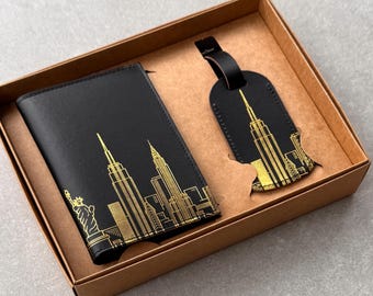 Leather New York Skyline Passport Cover And Luggage Label