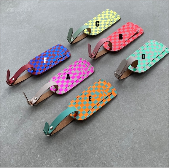Bright Luggage Tag Recycled Leather Checkerboard Pattern Etsy