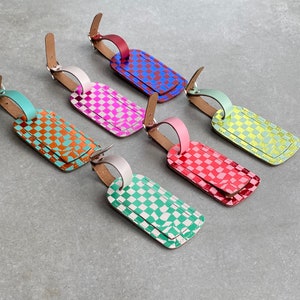 Bright Luggage Tag Recycled Leather Checkerboard Pattern image 1