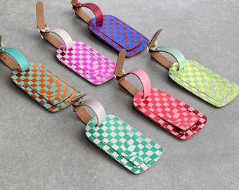 Bright Luggage Tag Recycled Leather Checkerboard Pattern