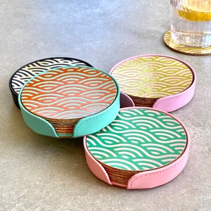Set of 6 Recycled Leather Coasters & Holder - Good Vibes