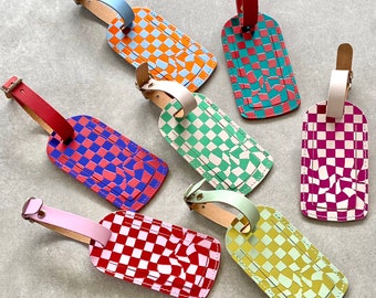 Bright Luggage Tag Recycled Leather Checkerboard Pattern