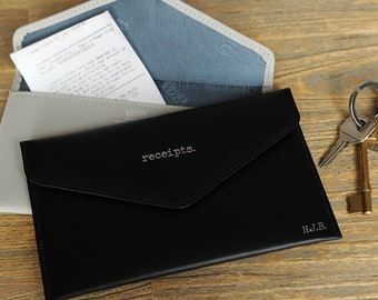 Personalised Receipts Envelope, Money and Card Purse, Travel Documents Organiser Recycled Leather