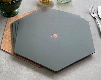 Hexagonal Table Place Mats And Or Coasters Bee  - Recycled Leather Cork