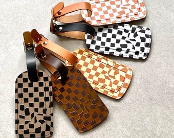 Patterned  Luggage Tag Recycled Leather Checkerboard