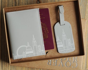 Leather London Skyline Passport Cover And Luggage Label