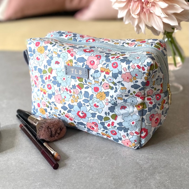 Personalised Liberty Print Travel Wash and Make Up Bag Embossed Leather Tab