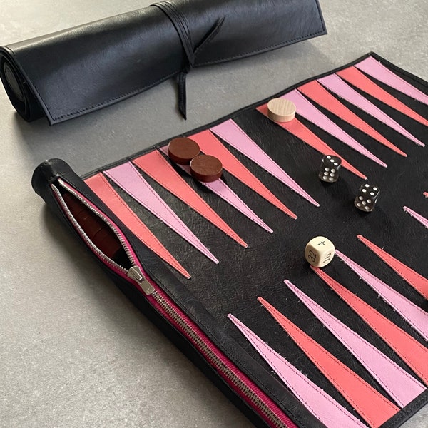 Personalisierte Backgammon Luxusleder Reise Backgammon Rolle blasses Rosa und Blush - 6 Farbvarianten