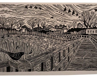 Woodberry Wetlands | Original hand-carved linocut print of East Reservoir Wetlands Nature Reserve, Hackney, London