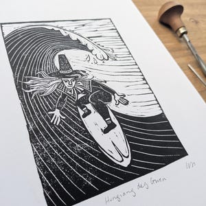Hongian deg Gwen | Original hand-carved linocut block print | Surfer in Welsh lady traditional dress | Welsh hand-made wall art