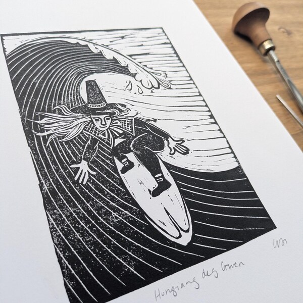 Hongian deg Gwen | Original hand-carved linocut block print | Surfer in Welsh lady traditional dress | Welsh hand-made wall art