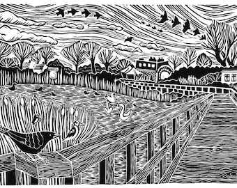 Woodberry Wetlands | Original hand-carved linocut print of East Reservoir Wetlands Nature Reserve, Hackney, London