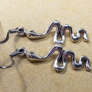 Może przedstawiać: Para srebrnych kolczyków wiszących w kształcie węża z zapięciem na haczyk.